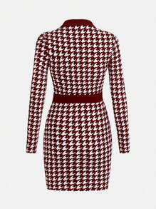 SHEIN Girlism Teen Girl Knit Colorblock Houndstooth Collar Dress - Burgundy - View 2
