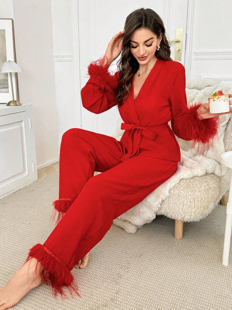 Conjunto de pijama de top casual de manga larga y pantalones largos de unicolor y peludo para mujer - Rojo - Ver 5