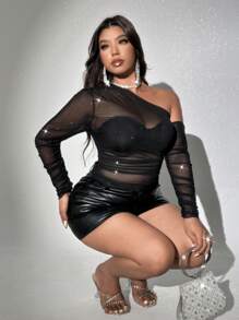 Viva Relle Plus Size Sexy Asymmetrical Glittering Mesh Ruched Blouse With Asymmetrical Neck Design,Valentine - Black - View 1
