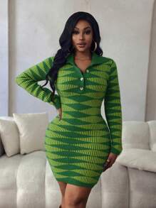 Zolique 全新橄榄绿色毛衣裙，修身性感翻领纽扣几何图案长袖中长针织连衣裙