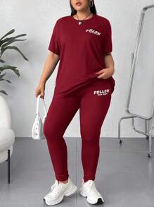 SHEIN EZwear 2 件套加大码圆领短袖字母印花休闲上衣和长裤套装 - 酒紅色 - 查看 3