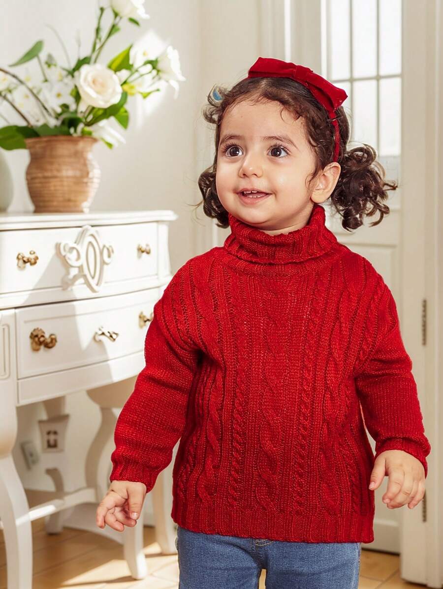 SHEIN Babygirl Cute Christmas Versatile Red Turtleneck Long Sleeve Sweater Dress, Autumn/Winter - Burgundy - View 1