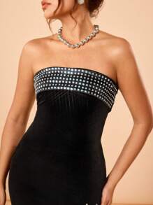 shy_girl Vestido mini de terciopelo negro con pedrería, satén y vuelo, para primavera, festivales y graduación