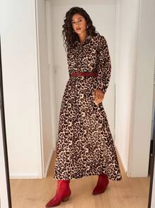 SHEIN VCAY Woven Leopard Print Turn Down Collar Long Sleeve Loose Dress For Women - Brown - View 1