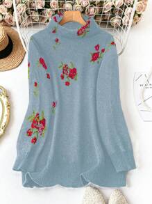 SHEIN LUNE Plus Size Women Floral Pattern Turtleneck Long Sleeve Knit Pullover, Autumn/Winter