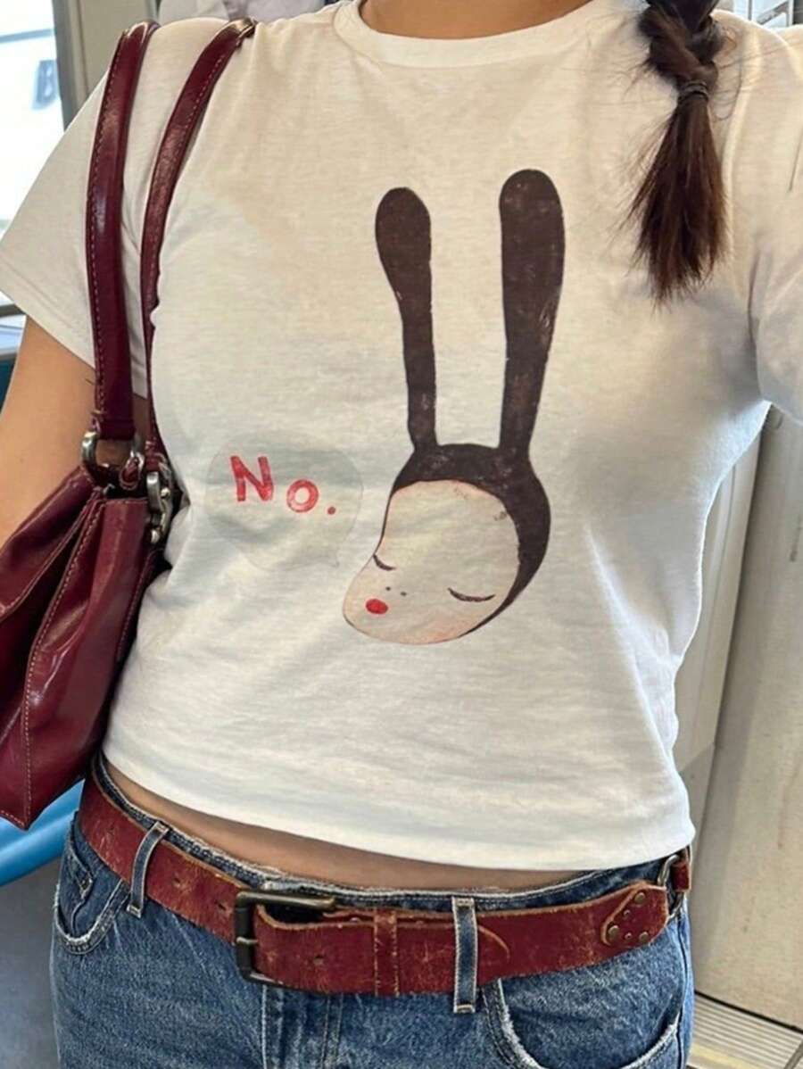 INAWLY Camiseta corta de mujer de cuello redondo, con diseño gráfico impreso, casual y de moda para uso diario - Blanco - Ver 1