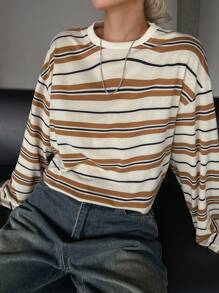 DAZY Contrast Color Stripe Loose Long Sleeve Round Neck Casual Women T-Shirt, Spring & Summer,Fall Clothes - Khaki - View 5