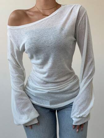 Siren Gaze Spring And Summer Women's Solid Color Slope Collar Long-Sleeved T-Shirt For Women Casual Loose Slouchy Style See-Through Blouse Beach Vacation Style Top For Women