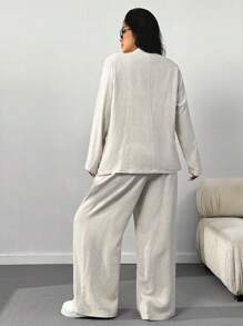 SHEIN EZwear Spring Linen Lightweight Mandarin Collar Front Button Down Jacket, Minimalist Sleeveless Top And Pants Casual Plus Size Suit Graduation,Back To School,Teacher Outfits For Women In Fall/Winter