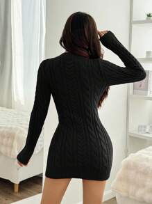 SHEIN EZwear 圣诞毛领粗针织紧身毛衣连衣裙 - 黑色 - 查看 2