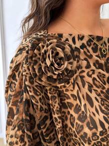 SHEIN Frenchy Plus Size Asymmetrical Neck Leopard Print Floral Decor Long Sleeve Blouse