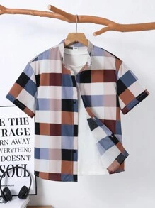 Tween Boy Casual College Color Block Corduroy Lapel Loose Open Front Short Sleeve Woven Shirt, Suitable For School, Garden, Beach, Birthday In Spring, Summer, Autumn, Winter