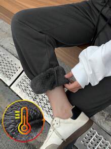 DAZY 女士纯色保暖内衬厚款休闲运动裤，百搭，四季皆宜 - 灰色 - 查看 4