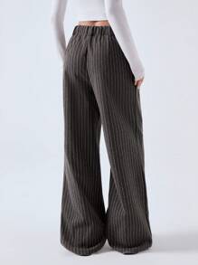 LYSMO 女士宽松休闲条纹阔腿裤，有口袋 - 摩卡棕 - 查看 2