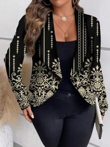 SHEIN Clasi Casual Minimalist Glitter Pattern Loose Long Sleeve Plus Size Jacket, Suitable For Autumn/Winter - Gold - View 4