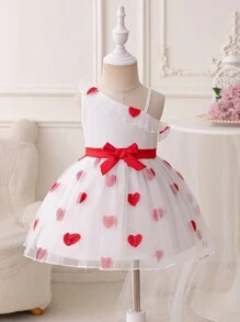 Glamorique Kids Infant/Baby Girl Valentine's Day Red Heart Mesh Asymmetric Shoulder Ruffles Bow Flutter Pleated Mesh Hem Dress, Spring/Summer - Red and White - View 1