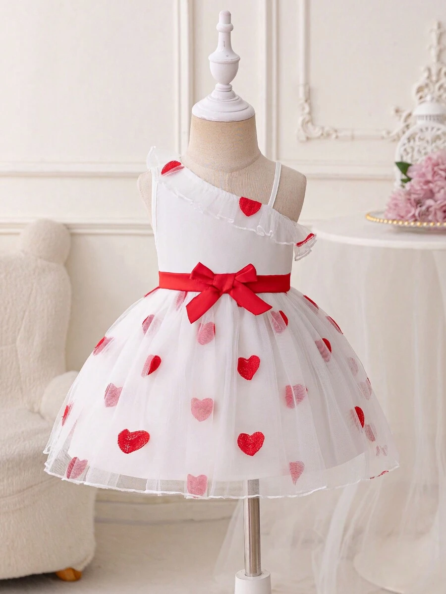 Glamorique Kids Infant/Baby Girl Valentine's Day Red Heart Mesh Asymmetric Shoulder Ruffles Bow Flutter Pleated Mesh Hem Dress, Spring/Summer - Red and White - View 1