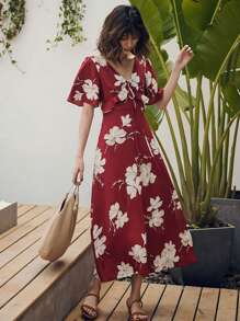 DAZY 女式 V 领红色系带花卉中长连衣裙，红色假日/度假/海滩休闲连衣裙，春夏 - 紅色 - 查看 6