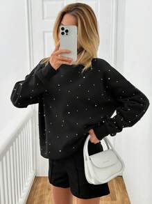 SHEIN Cottnline Stylish Metallic Pearl Embellished Brushed Back Sweatshirt In Black - Black - View 7