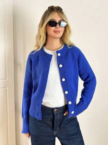 Forever 21 Autumn/Winter New Round Neck Blue Long Sleeve Knitted Warm Cardigan, Suitable For Christmas And Back To School