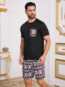 Manfinity Homme Conjunto de camiseta de manga corta y pantalones cortos para hombre, estilo sencillo y casual para uso diario