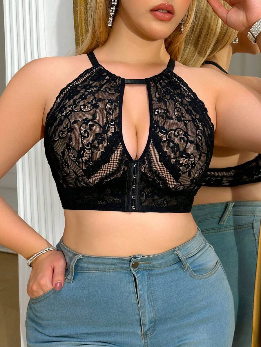 加大码蕾丝可调节前扣式无钢圈无缝内衣文胸 - 黑色 - 查看 1