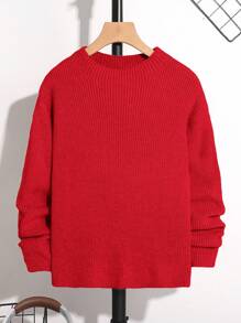 SHEIN Tween Boy Floral Jacquard Ribbed Knit Basic Stand Collar Sweater - Red - View 1
