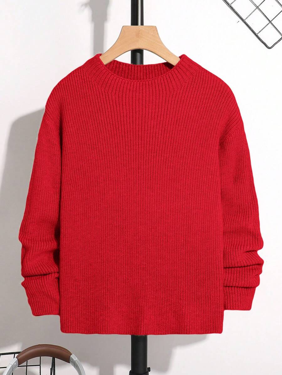 SHEIN Tween Boy Floral Jacquard Ribbed Knit Basic Stand Collar Sweater - Red - View 1