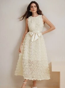 Anewsta Women Elegant Rose Jacquard Mesh Sleeveless Mid-Length Dress, Spring/Summer Outfits, Floral Dress - White - View 3