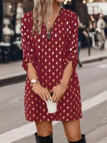 SHEIN Clasi Plus Size Women's Metallic Print Casual Woven Autumn Dress Burgundy Color Women Outfit