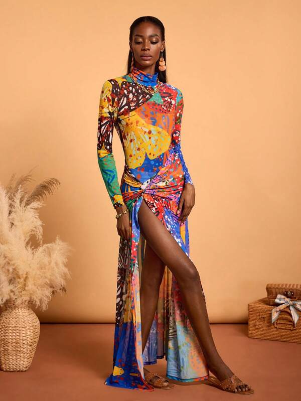 SHAQUITA GARCIA Designer Boho Bohemian Multi-Color Dopamine Printed Mesh Twist High Slit Stand Collar Long Sleeve Sexy Maxi Dress, Concert Outfit Vacation, Spring, Beach, Festival, Rave Outfits Festival, Ibiza Fits, Prom Dress
