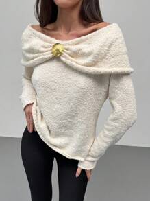 Aloruh 女士金属装饰露肩休闲毛衣，秋冬 - 棕色 - 查看 4