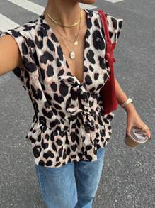 SHEIN Essnce Áo sơ mi không tay buộc vạt trước họa tiết da báo có viền xếp nếp in hình động vật dành cho nữ - Nhiều màu - Xem 4