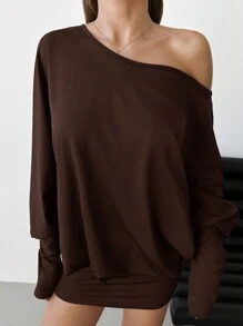 Aloruh Vestido corto y ajustado de manga larga, asimétrico y sexy para mujer, para festivales de música y estilo streetwear moderno - Marrón - Ver 7