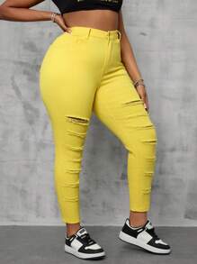 SHEIN SXY Plus Size Women Stretchy Yellow Distressed Skinny Jeans