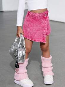 SHEIN Young Girl Y2K Cute Pink Denim Skort, New Year - Pink - View 2