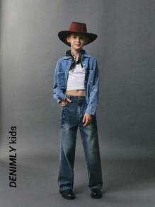 SHEIN Jeans dritti slim fit da ragazza tween, in stile boho vintage, con dettagli floreali ricamati, vita elastica e chiusura con bottone, cinque tasche classiche, stile cowboy alla moda e chic. - Blu lavato medio - Visualizzare 3