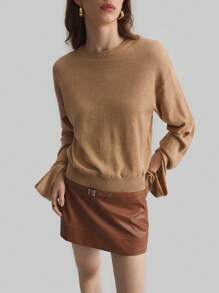 Ontre Camel High-End Springtime New Year Knitted Designer Round Neck Sweater With Extra Long Sleeves - Khaki - View 8