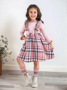 SHEIN Váy 2 trong 1 họa tiết kẻ caro viền bèo nhún tay bèo nhún nơ phía trước cho bé gái, thích hợp mặc thường ngày & đi học hàng ngày vào mùa thu đông - Hồng - Xem 1