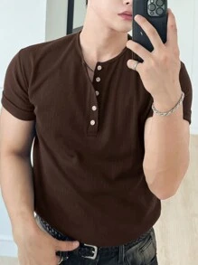 DAZY Men's Slim Fit Textured Half-Placket T-Shirt, Essentials