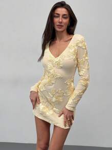 Aloruh Damen V-Ausschnitt Langarm Kleid mit Blume Muster, einfaches lässiges Minikleid - Gold - Übersicht 4