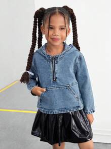 SHEIN 年轻女孩 Y2K 可爱幼儿蓝色牛仔连帽半拉链长袖上衣