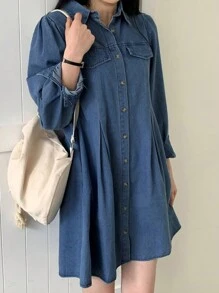 DAZY Women Plain Collar Loose Short Denim Dress, Spring & Autumn,Fall Women Clothes - Medium Wash - View 8