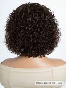 短款棕色卷发蕾丝假发 人发无胶水波波头假发 中分 10 英寸深波卷发蕾丝前假发