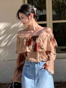 DAZY Blusa de mujer con hombros descubiertos y mangas con diseño de pezuña de caballo, con volantes, top con hombros descubiertos