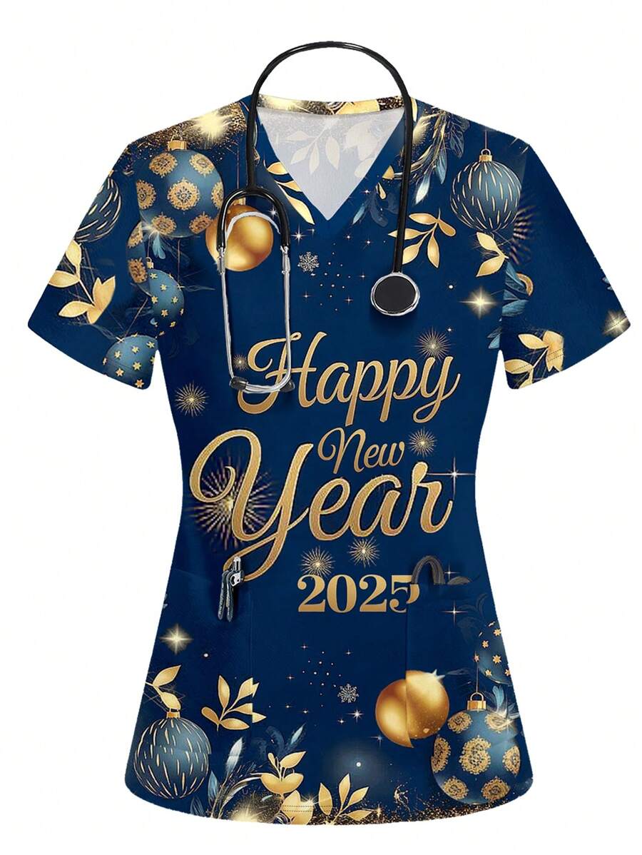 PopScrub 新年快乐节日 2025 休闲简约新年口号印花女式护士服上衣 - 白色 - 查看 1