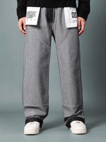 SUMWON Loose Fit Carpenter Panel Jean With Turn Back, Contrast Stitch & Graphic Print - Black - View 1