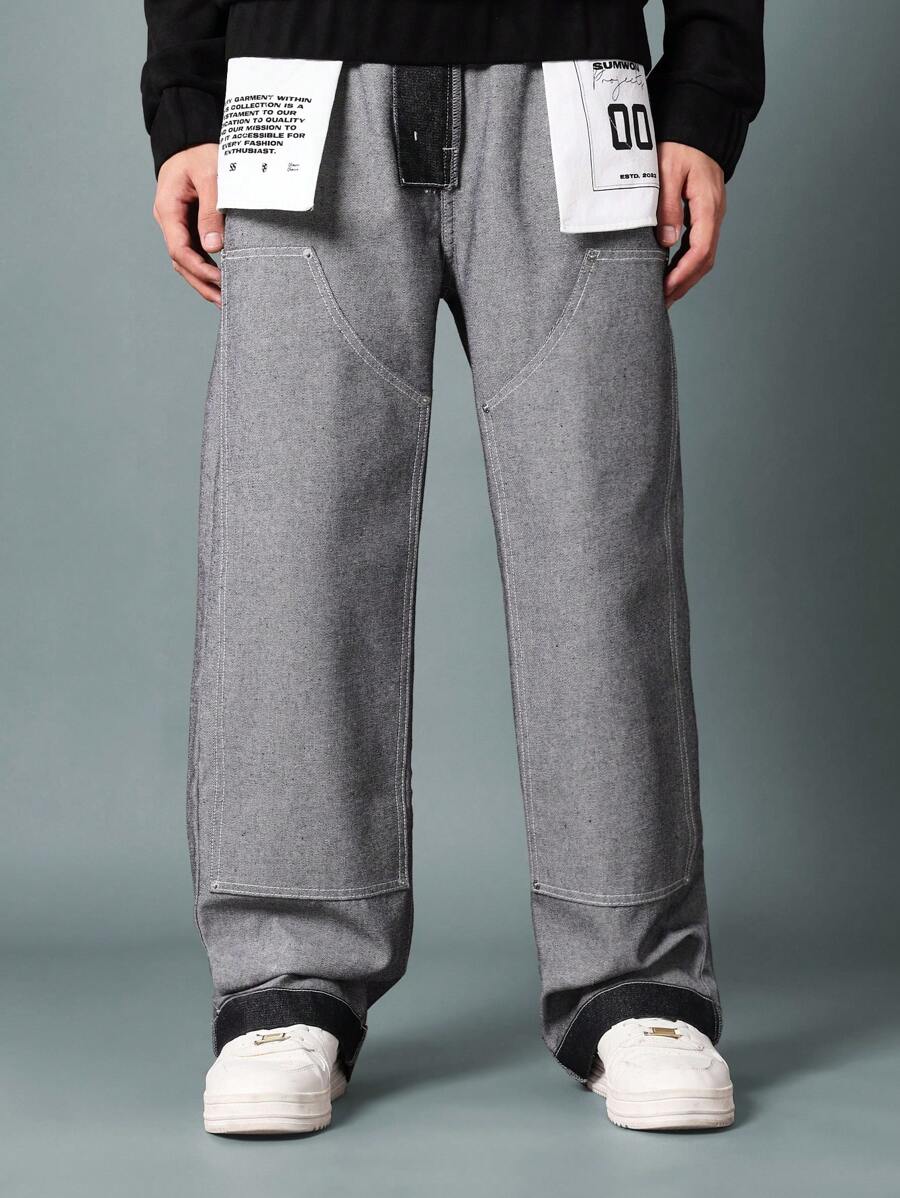 SUMWON Loose Fit Carpenter Panel Jean With Turn Back, Contrast Stitch & Graphic Print - Black - View 1