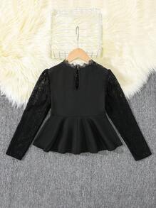 SHEIN Camisa de manga larga con dobladillo con volantes, encaje bordado y tela de malla elegante y de para niña preadolescente, color negro, adecuada para fiestas y al aire libre