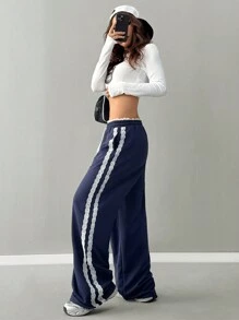 SHEIN EZwear Women's Spring Summer Daily Wear Y2K Fashion Streetwear Preppy Homecoming Casual Knit Lace Banded Texture Decoration Drawstring Elastic Waistband With Pockets Navy Blue Wide Leg Sweatpants